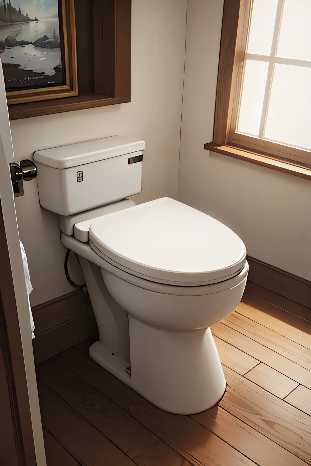 In the comfort of a cozy and inviting home, the image of a toilet emerges in exquisite detail, brought to life by Sea Art's hyper-realistic fusion of artificial intelligence and painting art. This unexpected depiction of a toilet in a nice warm house is rendered with such meticulous care that every curve, texture, and shadow is captured in breathtaking detail. The porcelain bowl, with its smooth, glossy surface, reflects the warm, inviting ambiance of the room. The toilet paper roll, positioned neatly on the holder, appears as if it could be touched and felt. Sunlight streams in through the window, casting a soft, golden glow on the scene. The play