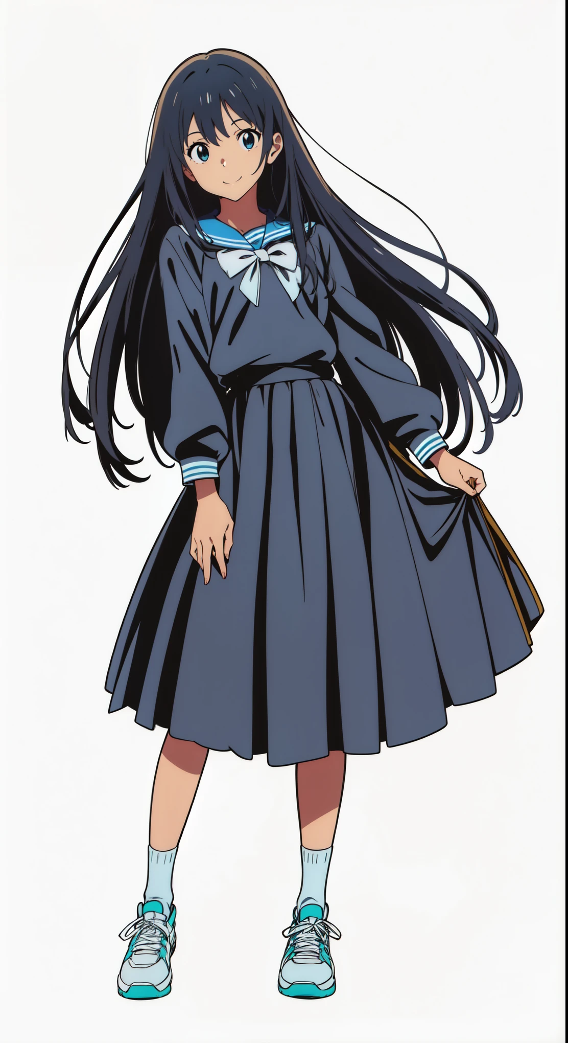 (cheerful:1.5), (light smile:1.5), (white background:1.0), (best quality:1.0), (masterpiece:1.0), (super fine illustration:1.0), (beautiful artwork:1.0), (anime screencap:1.0), (official art:1.0), (solo:1.0), (JHSGA:1.0), (a 15yo cute girl:1.0), (long skirt:1.0), (dark blue skirt:1.0), (pleated skirt:1.0), (dark blue sailor uniform:1.0), (long sleeve sailor uniform:1.0), (sneakers:1.0), (white socks:1.0), (ideal ratio body proportions:1.0), (lanky:1.0), (tall:1.0), (slender:1.0), (small breasts:1.0), (smaller face:1.0), (tareme:1.0), (detailed beautiful eyes:1.0), (detailed beautiful face:1.0), (glowing black eyes:1.0), (medium hair:1.0), (black hair:1.0)
