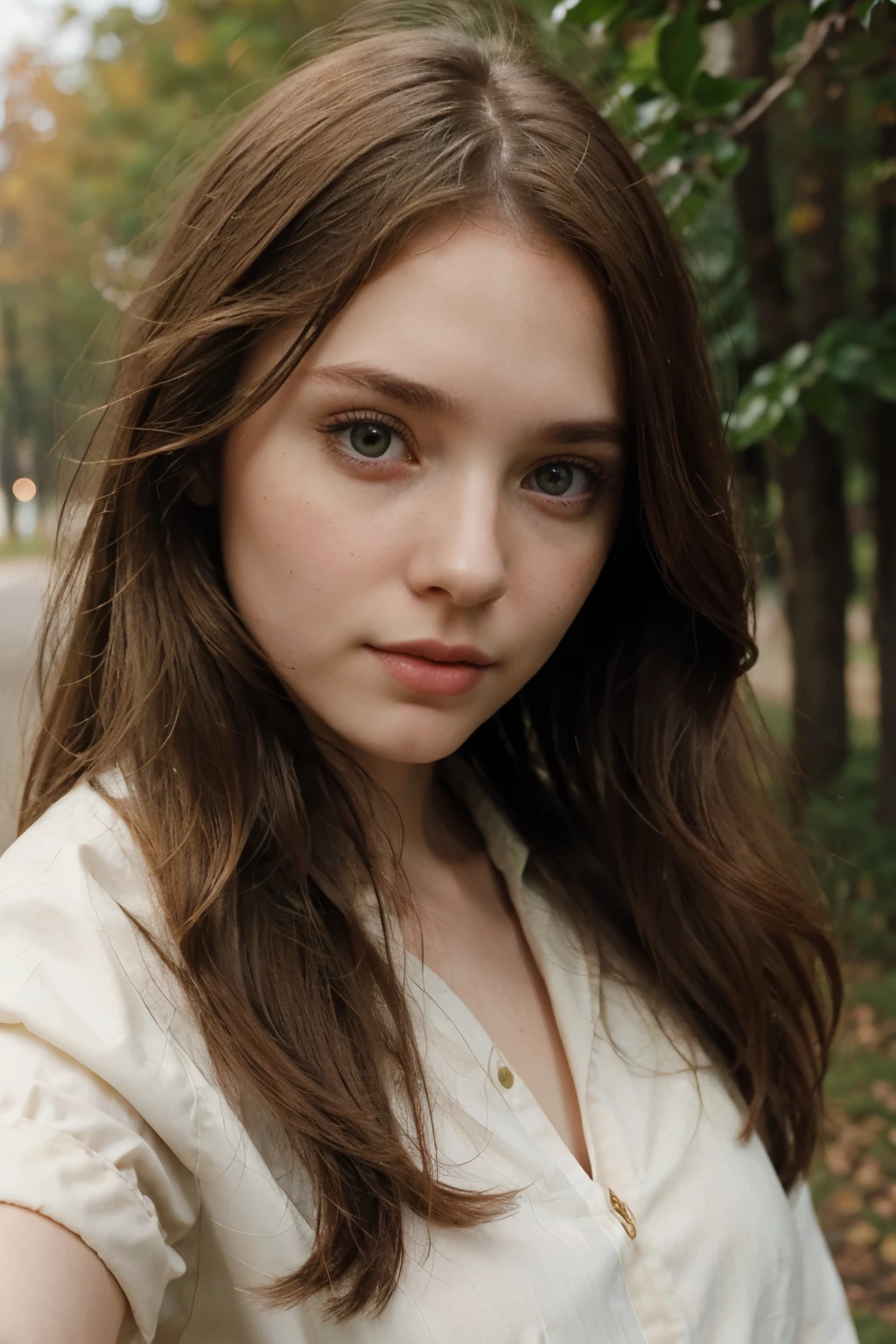 European girl with brown hair, blue eyes, long hair, beige blouse in vintage style, pretty face, pale face, beautifully styled hair, thin lips, rosy cheeks, selfie, green leaves in the background