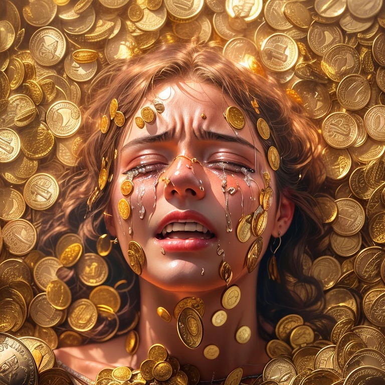Art Photo, a photograph of a crying young woman plastered with dollar gold coins, overhead shot, dazzling sunlight, intricate, flashy, translucent, medium scene, grotesque art style, extremely creative, simple and mysterious, high quality, 8k
