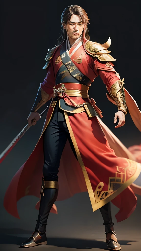 a man, full body shot, Close-up of the whole body on the front, zhao yun, xianxia hero, bian lian, Full body martial arts, wuxia, Chinese warrior, Guan yu, heise jinyao, feng shu, hua cheng, Inspired by Huang Shen, Sha Xi, Wearing a gold-plated red robe, pan ren wei, Inspired by Hu Zaobin