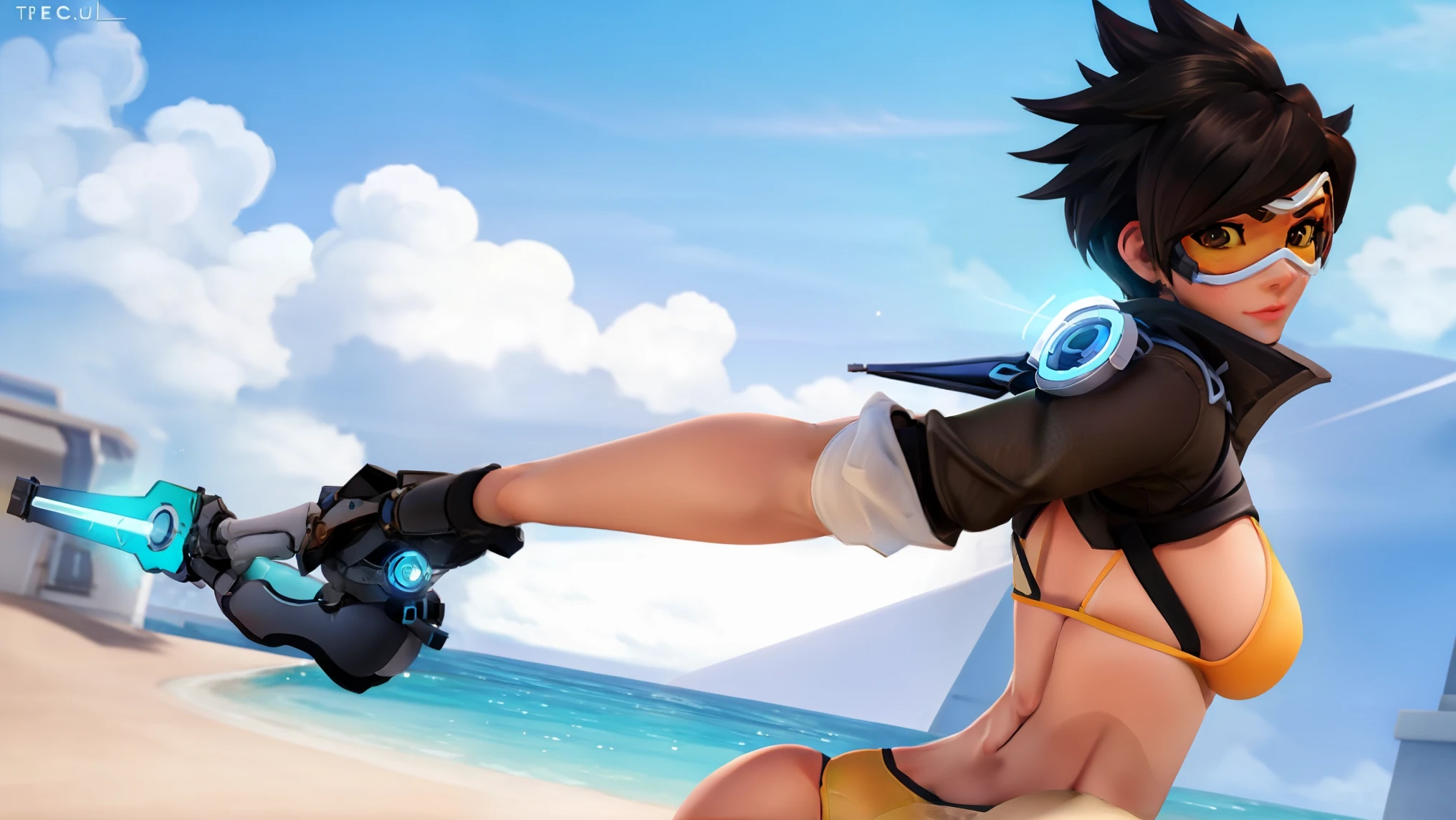 Tracer from Overwatch is wearing micro_bikini. sexy. bending over. back view. looking at viewer. nsfw. slut. thicc_ass, slutty running_shorts, bikini