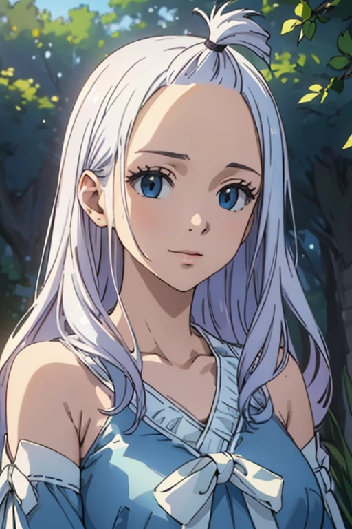 (best quality,4k,8k,highres,masterpiece:1.2),ultra-detailed,(realistic,photorealistic,photo-realistic:1.37),portraits,Mirajane Strauss,beautiful detailed smile,light blue dress,detailed eyes,fair skin,long wavy hair,serene expression,sparkling eyes,natural lighting,soft background colors,feminine charm,daintily posed,charming and gentle disposition,graceful movements,delicate features,natural beauty,vivid colors,subtle shades of blue,ethereal atmosphere,crisp focus,subtle shadows,masterful brushwork,charismatic aura