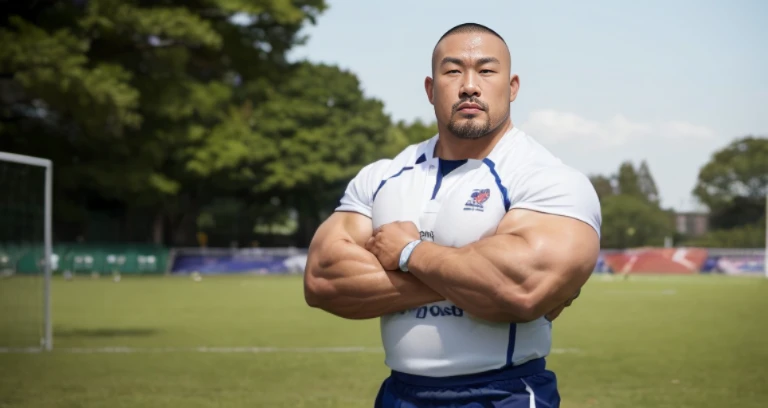 (rugby uniform:1.4), (at rugby ground:1.4), 40's, Japanese man, Chinese man, Korean man, Taiwanese man, manly face, fat face, (round face:1.4), (monolid eyes:1.2), (buzz cut:1.6), very large and strong body, bulky body, beefy muscles, (bulging muscles:1.4), (very large pectoral muscles:1.4), (muscular arms:1.4), muscular abs, muscular legs, muscular back, brightens oily skin, master piece, (realistic:1.4), panorama, distant view
