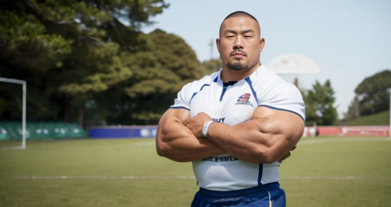 (rugby uniform:1.4), (at rugby ground:1.4), 40's, Japanese man, Chinese man, Korean man, Taiwanese man, manly face, fat face, (round face:1.4), (monolid eyes:1.2), (buzz cut:1.6), very large and strong body, bulky body, beefy muscles, (bulging muscles:1.4), (very large pectoral muscles:1.4), (muscular arms:1.4), muscular abs, muscular legs, muscular back, brightens oily skin, master piece, (realistic:1.4), panorama, distant view
