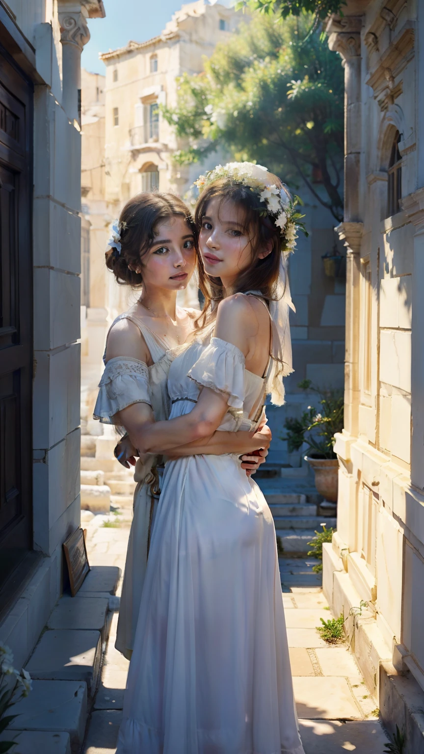 (highest quality、High resolution、masterpiece)、((Sargent style watercolor))、(david hamilton style)、(soft focus)、ancient greek scene 、The world of Bilitis songs、(greek female bard)、22 years old、beautiful face、Well-formed eyes and nose、bewitching smile、detailed depiction of the face、Classic hairstyles、beautiful figure、Detailed description、(ancient greek costume)、(White tunic)、that greek、(two women)、(a woman hugs me from behind)、(Sing and dance)、movie-like scene、cinematic light、soft light、ray tracing、bright sky、greek architecture columns、greek pine、(nostalgia)、classic atmosphere、blur the background、