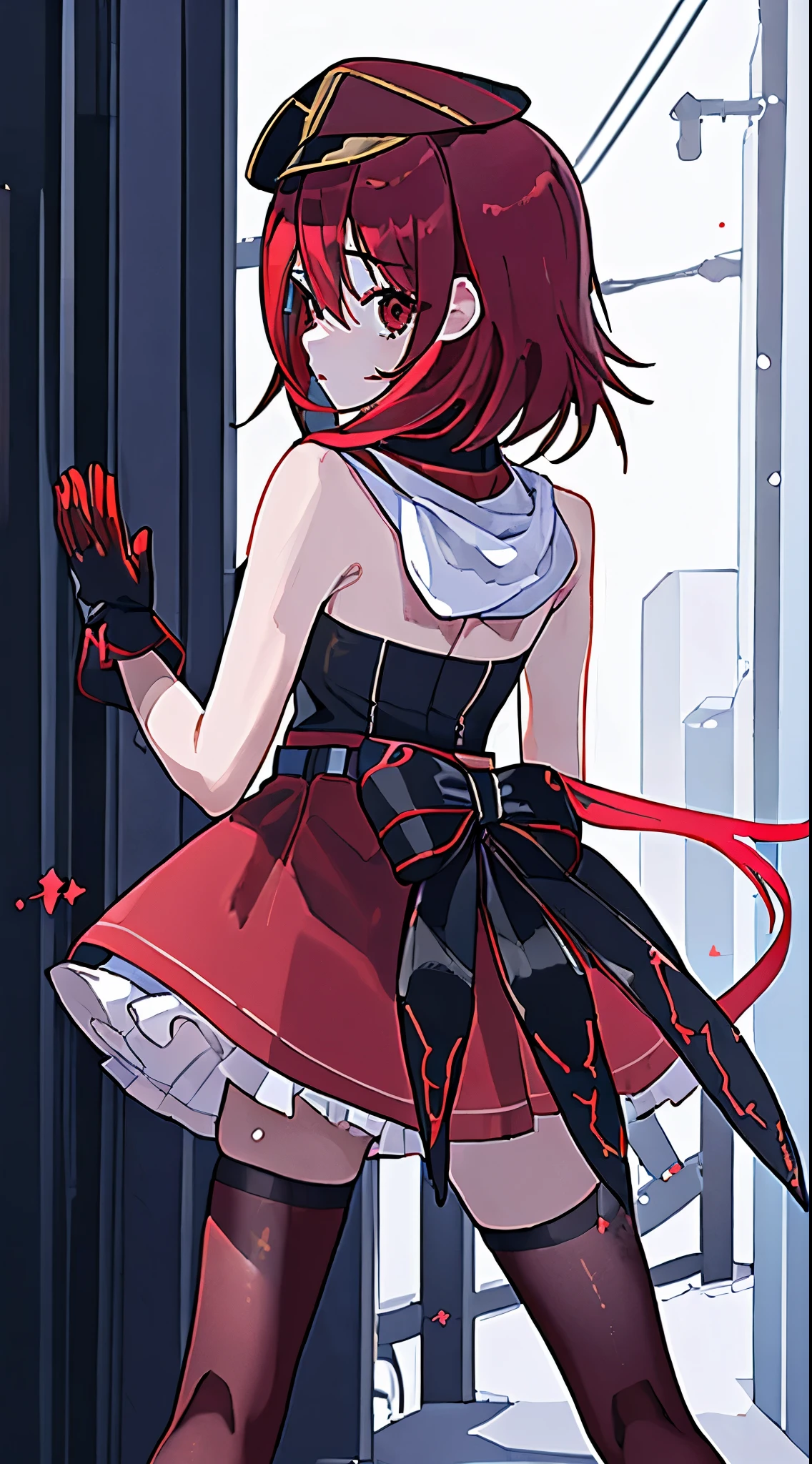 ((best quality)), ((masterpiece)), ((1girl)), ((red inner hair)), ((stockings belt)), bare shoulders, ((cap)), black eyes, white hoodie, high waist skirt, ((gloves)), flutter hair, cam engle from behind, leadership,
