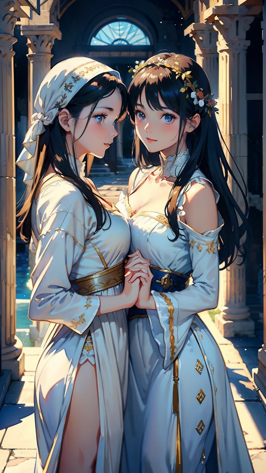 (top-quality、hight resolution、​masterpiece)、((Watercolor in Sargent style))、(David Hamilton Style)、(softfocus)、ancient greek scene 、The world of Bilitis songs、(greek female bard)、22year old、美丽的面容、Well-formed eyes and nose、Bewitching smile、Detailed depiction of the face、Classic hairstyles、Beautiful figure、detail portrayal、(ancient greek clothes)、(White tunic)、greek toga、(two womens)、(a woman hugs me from behind)、(Sing and dance)、Cinematic scenes、ciinematic light、softlight、raytrace、luminous sky、greek architecture columns、greek pine、(nostalgia)、classic vibes、Blur the background、