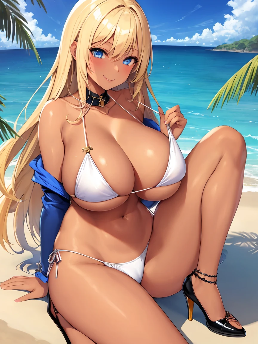 Blonde, blue eyes, tanned skin, smile, high heels and bikini gal girl, Huge breasts bigger than her face, masterpiece, best quality