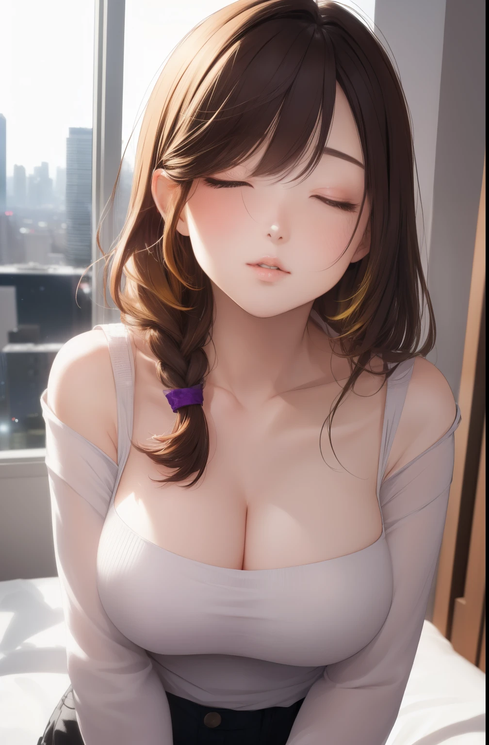 (Night:1.7), Modern apartment, high rise, CityView, Before Window,
Standing at attention,Hands Down,
Green shirt,long sleeves, cleavage, collarbone,
Glasses,brown hair,purple eyes,braid,single braid,yellow hair ornament,
1 girl, 20yo,Young female,Beautiful Finger,Beautiful long legs,Beautiful body,
Beautiful Nose,Beautiful character design, perfect eyes, perfect face,expressive eyes,
looking at viewer, in the center of the image,(Upper_body),(Focus on her face),
official art,extremely detailed CG unity 8k wallpaper, perfect lighting,Colorful, Bright_Front_face_Lighting,shiny skin,
(masterpiece:1.0),(best_quality:1.0), ultra high res,4K,ultra-detailed,
photography, 8K, HDR, highres, absurdres:1.2, Kodak portra 400, film grain, blurry background, bokeh:1.2, lens flare, (vibrant_color:1.2)
(Beautiful,large_Breasts:1.4), (beautiful_face:1.5),(narrow_waist),