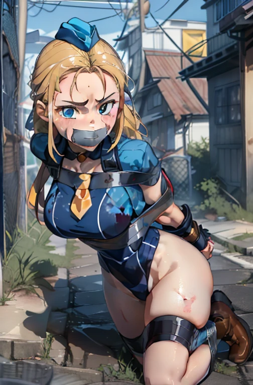 (confused, 8K, 4k, masterpiece, very detailed:1.2), alone, 1 girl, perfect face, 1 girl, portrait, looking at the viewer, woman, Mature woman, 8k eh, 1 girl, cowboy shot, full body, fine eyes, No expression, emotionless, soldier, Calm, quiet, tight, athletic, perfect anatomy, fine eyes, tape, gagged, bondage, restrained,huge breasts, Blood splattered on my face, Lie,is falling down,A painful look, handcuffs, (background:prison, bloodstains) , small blue garrison hat, blonde hair, huge ahoge, long twin braids, blue eyes, scar on cheek, blue high neck thong leotard, small yellow tie, dark armband, big breasts, red fingerless gloves, blue lightning design in legs, brown high boots