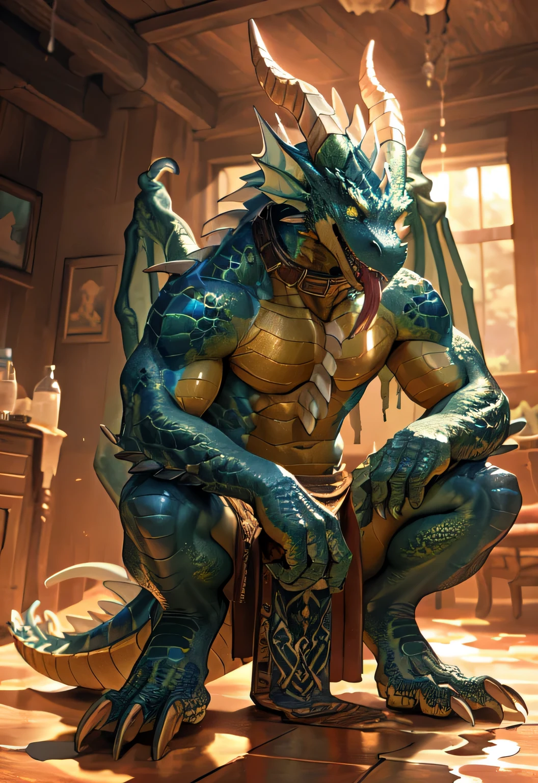 alone, (muscular), (Male human dragon):1.3, Bright scales, (Kamimei):1.3, (Common:1.4) (prayer):1.23, (，Wearing a short white loincloth）, exquisite eyes, lizard tail,A pair of dragon horns, A pair of dragon wings, (exquisite eyes，stripe，sharp claws，Cute animal paw，Sticking out tongue，careless person，Liquid spilled all over body，Air leakage in lower body，Fluid leaking from the lower body，Milk spilled all over the floor，glowing eyes):1.1, (in the room:1.35), In the bedroom，Squatting on the bed，dim，be licked，enjoy，obsessed， Face turned red，collar，Submit to，caress，drunk，Smile，enjoy，looking at camera，Submit to，having fun，Detailed background，realistically，realistic hand，8k high dynamic range，（shadow，wide dynamic range，high dynamic range，emphasize：1.2）