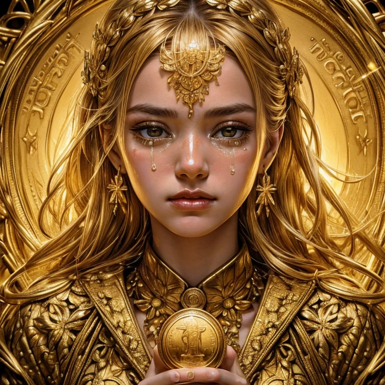 Art Photo, a photograph of a crying young woman plastered with dollar gold coins, overhead shot, dazzling sunlight, intricate, flashy, translucent, medium scene, grotesque art style, extremely creative, simple and mysterious, high quality, 8k