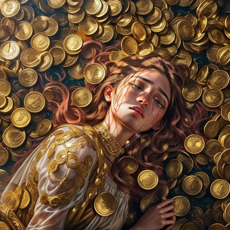 Art Photo, a photograph of a crying young woman plastered with dollar gold coins, overhead shot, dazzling sunlight, intricate, flashy, translucent, medium scene, grotesque art style, extremely creative, simple and mysterious, high quality, 8k