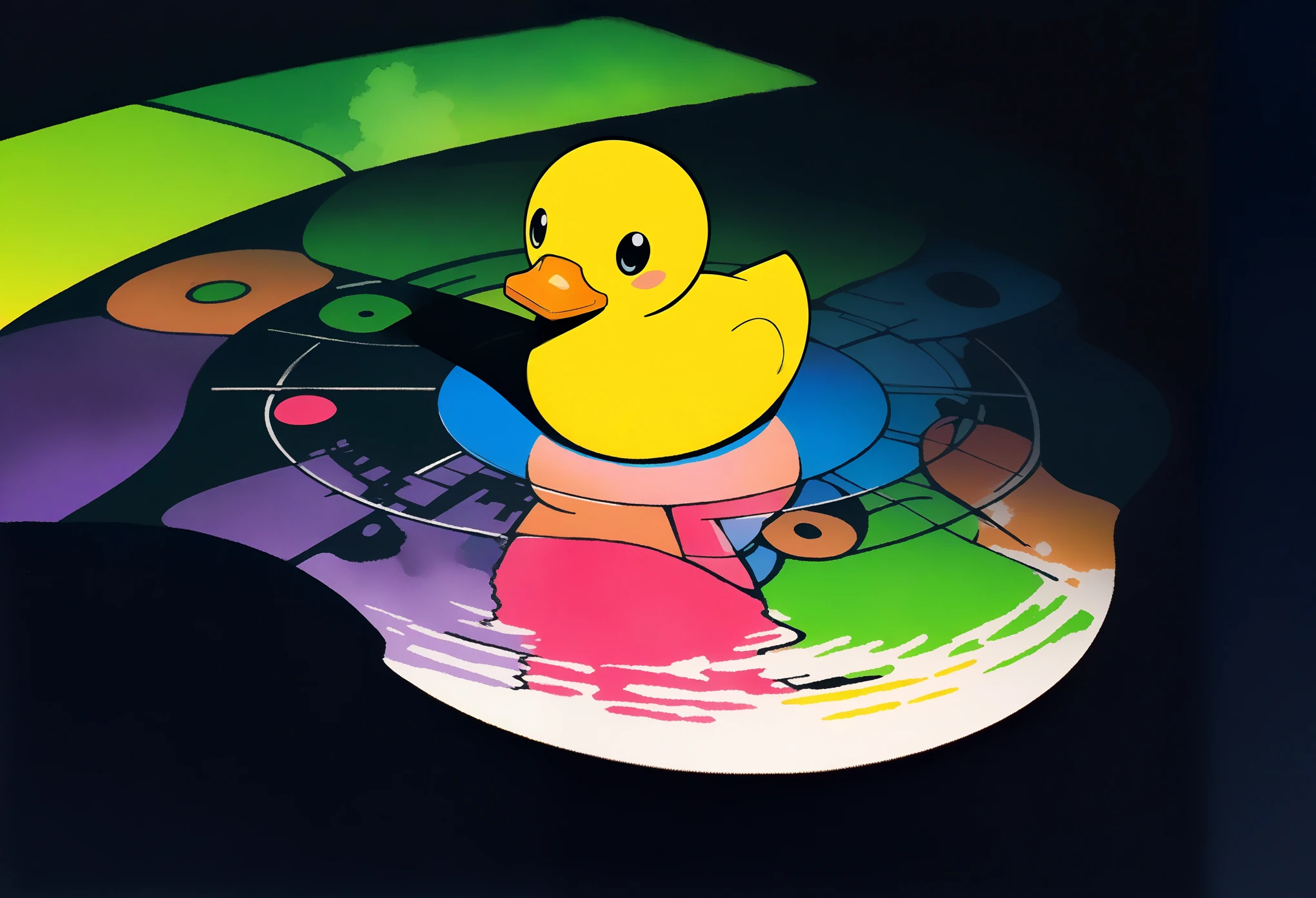 ink style figure, rubber duck, adorable cute, (wordless, single image), expressive ink, precise harsh stroke lines, animated cel, rotoscope, rich color grading shading shadows depth, nuanced watercolor background, hand drawn comic, accurate, detailed, craftsmanship, nighttime, splash page, decompressed comic, cover art, chiaroscuro lighting, unified color scheme, simple lines, subtle flourish reflection