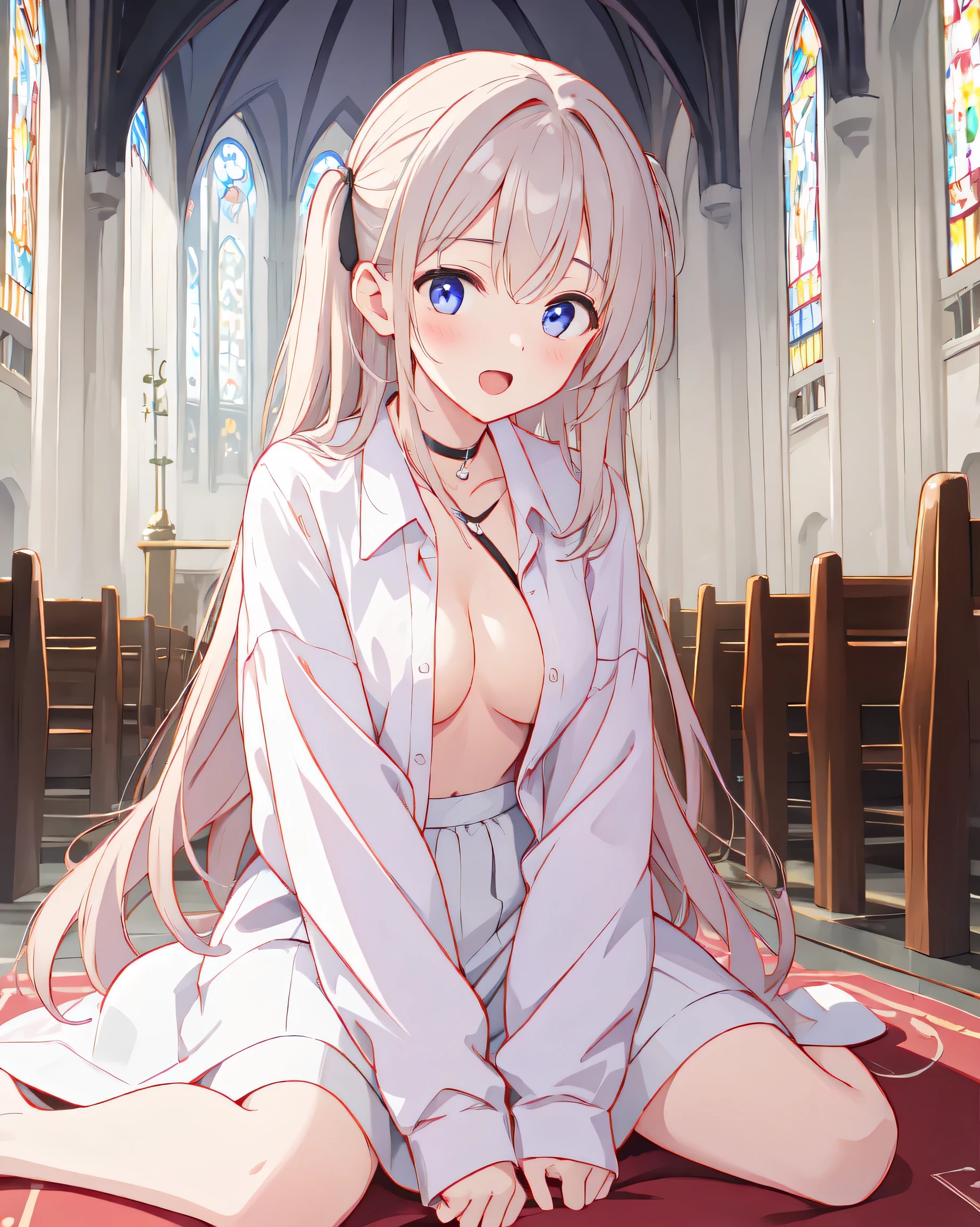 inside a church，The  knelt on the ground piously，Do not wear clothes，Do not wear，White underwear，White knee socks，White hair，blush，Rub your chest with your hands，White，A collar is worn around his neck，Half open mouth，The shirt is all unbuttoned，露出White underwear