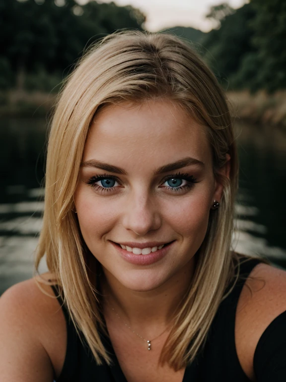 a closeup dark shot photo of a blonde with perfect eyes, smile, wearing top full photo standing, same face, legs also visible, river Vibe background