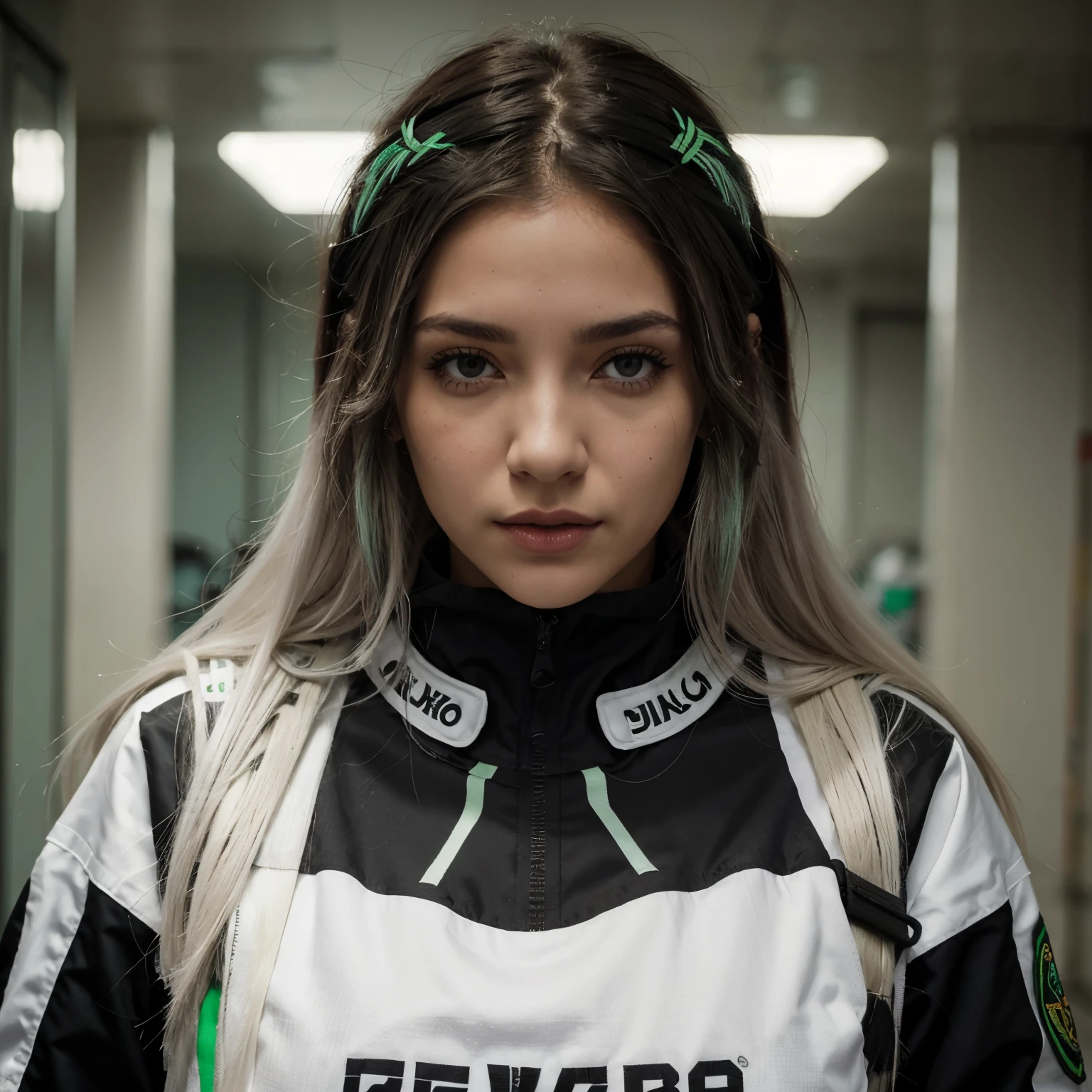 Captura de pantalla de una chica con el cabello semi largo color blanco con los mechones de adelante color verde, ojos algo rasgados con uno color blanco y otro negro, labios gruesos, mucho busto, con el uniforme de la U.A. y de fondo el pasillo de la U.A.