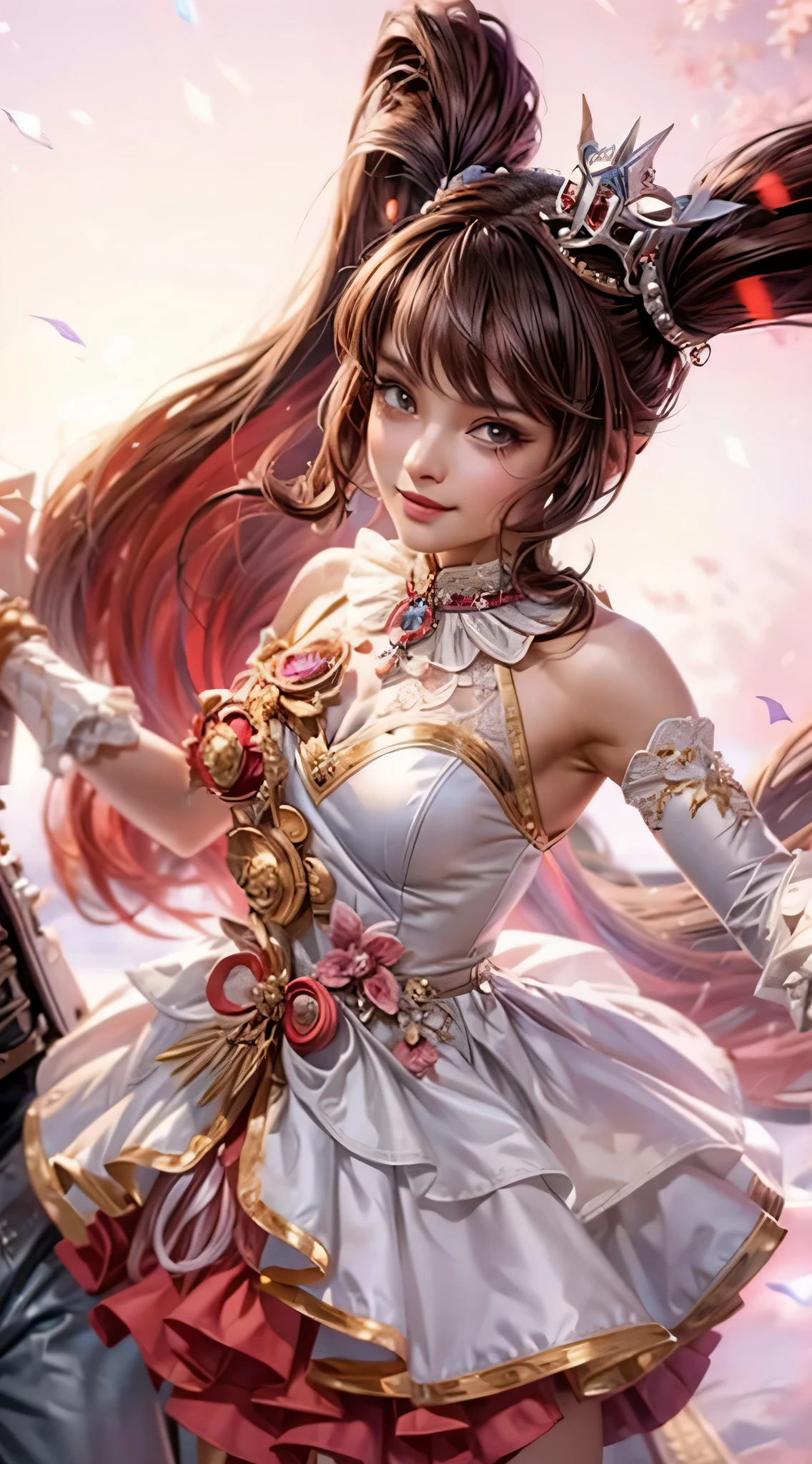 Best quality, masterpiece, ultra high res, (photorealistic:1.4), 1girl wearing a small crown, smiling, close lips, purple eyes, two side tail brown pink hair, professional lightning, sharp focus, deep shadow, (extremely detailed CG unity 4k fhd wallpaper), 8k.