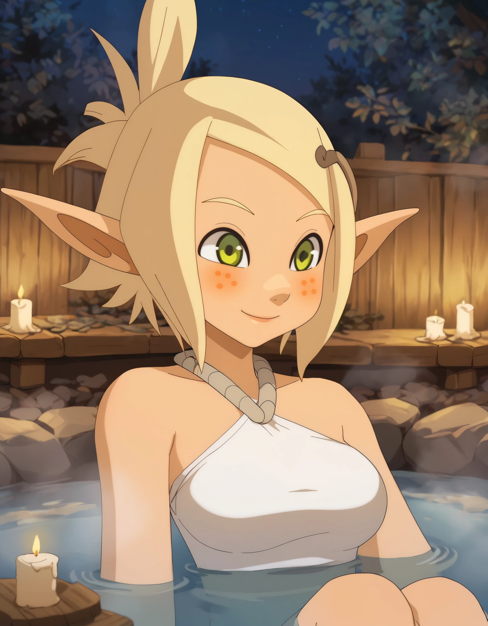 (score_9, score_8_up), score_7_up, score_6_up, 1girl, evangelyne s1, short hair, ponytail, blonde hair, hair ornament, pointy ears, light freckles, green eyes, sauna, onsen, thermal sources, indoors, wooden wall, water, steam, ((submerged, inside water)), upper body, sitting, closed mouth, night, candles, smile, looking at viewer, blushing, happy,