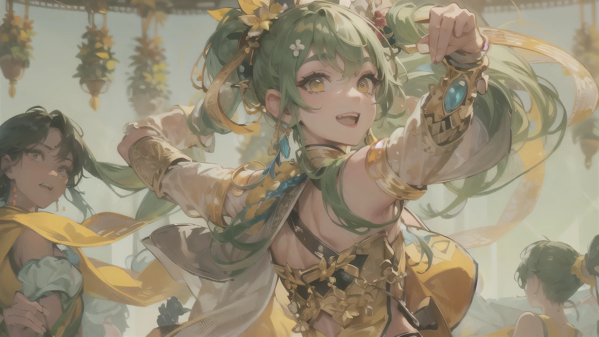perfect anatomy, masterpiece:1.4, best quality, 8k, beautiful detailed grow, (in the Festival Venue), low-angle (Dance Style) (solo:1.3 ponytail green hair long hair Professional cute dancer girl, cute yellow eyes), ((make-up face)), (best smile), break, (((happy dancing))), (in a detailed beautiful Gypsy dancer's outfit).