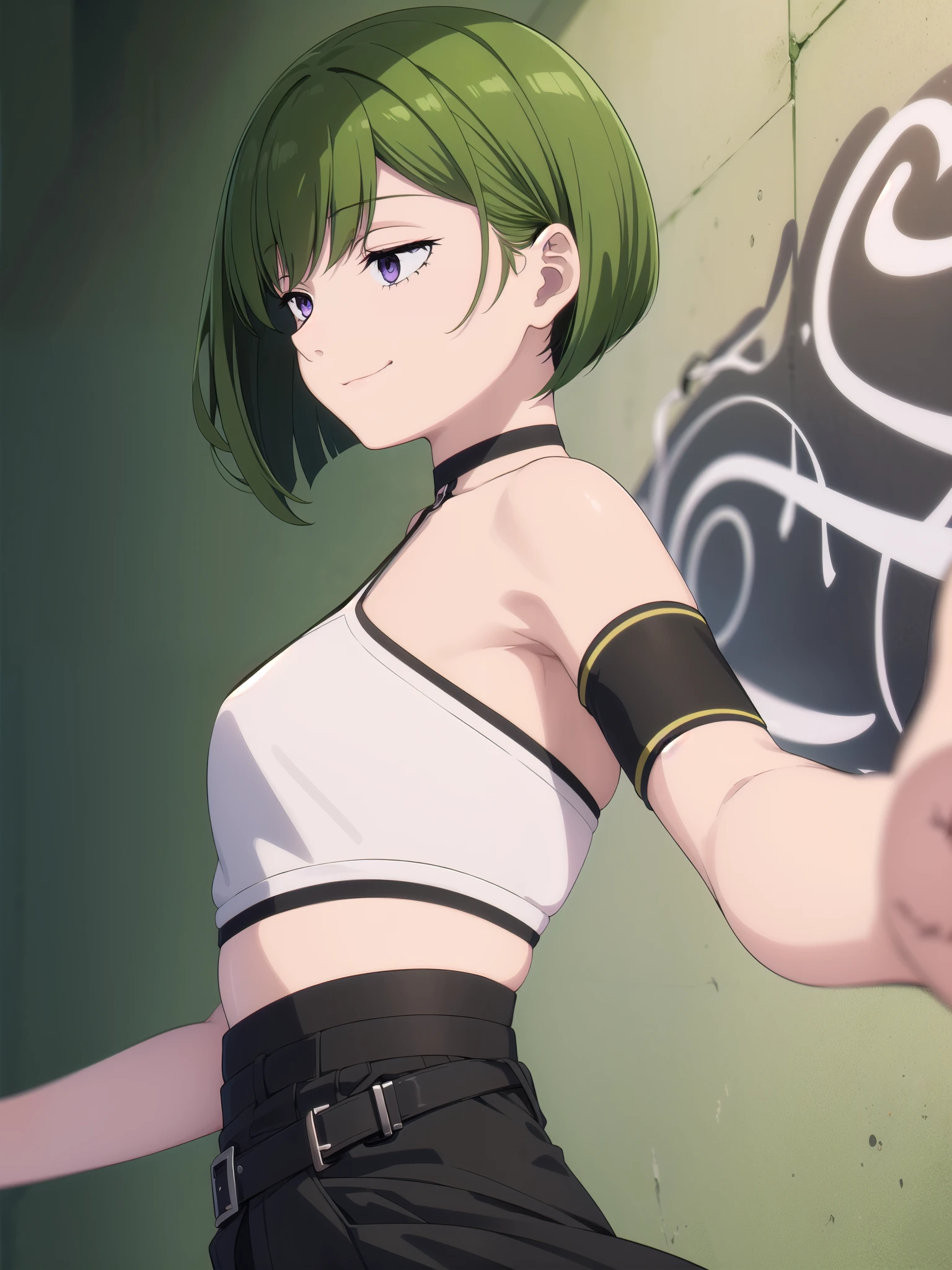 masterpiece, best quality, 1girl, solo, stylish crop top, smile, vibrant short green hair, bobhair, short-hair, short bob hair, (((bobcut))), bob haircut, very short bob cut, lip length hair, blunt ends, (sciled bob), buzzed nape ((haircut:1.3)), undercut, bobbed hair, minibob, sidecut, shaved, purple eyes, graduation bob, straight short hair, short hair above the ears,  (showing armpit:1.3), Shot diagonally from the side, elegant braid, soft bangs, upper body, alluring choker, (graffiti:1.5), artistic paint splatter, seductive arms behind back, leaning against wall, exposed back, fashionable armband, urban hiphop style, flirty skirt, playful head tilt, intense expression, warm orange, dynamic asymmetrical design, bold geometric shapes, creative street art