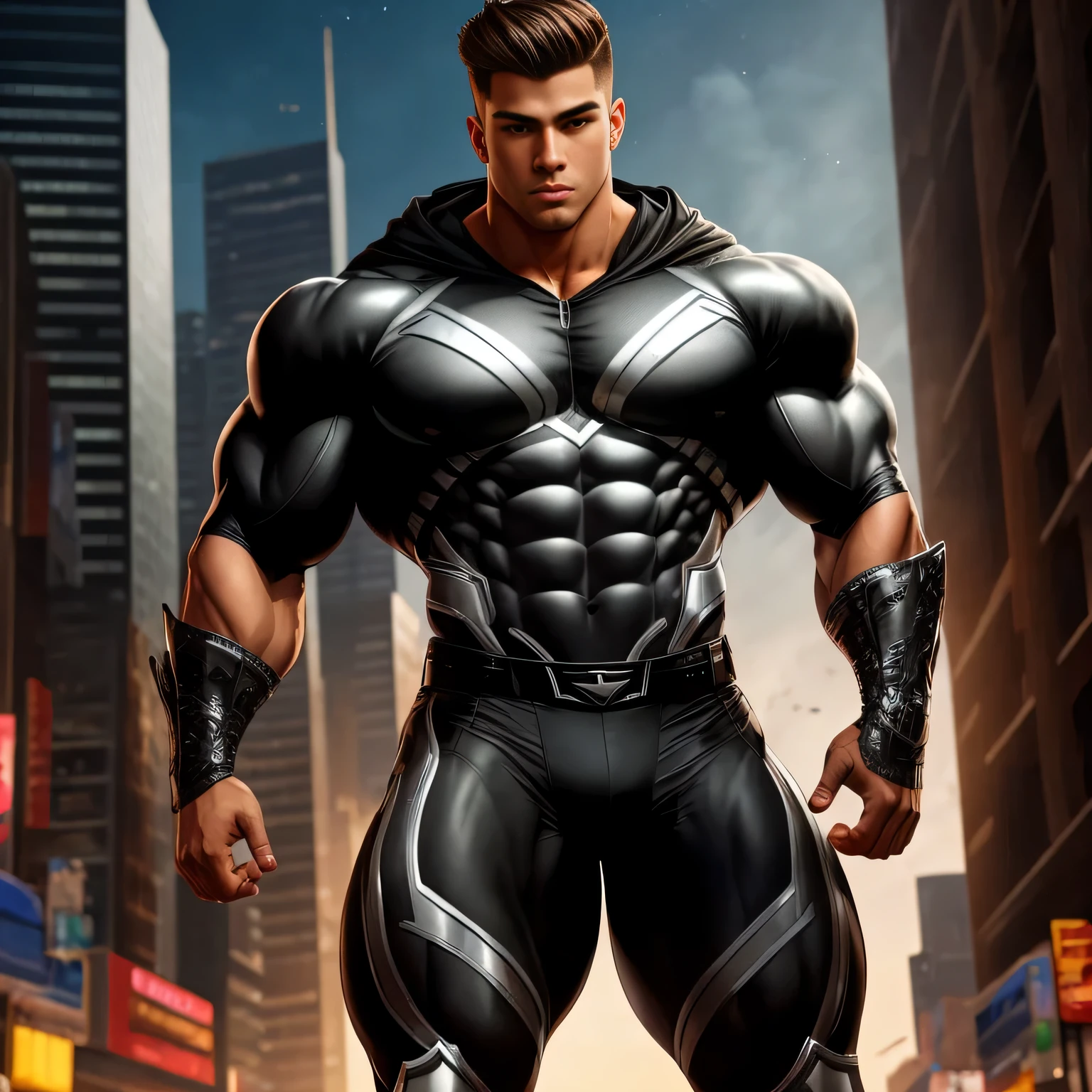 ((Extremely realistic shadows, Masterpiece, extremely detailed, photorealistic)) A ager at 18 years old (Mexican ethnicity) Handsome, muscular thighs, bulging neck. Tanned skin massive muscular bodybuilder, gray hair, (WHITE HAIR) military haircut, tight clothing, body full of muscles; ripped abs, V-shaped body, thick waist, long legs, strong arms. City background, skyscraper, futuristic city, night, stars, night lights, Superhero, hero, bodysuit, hood, massive muscles, huge pecs, chiseled ABS, huge pecs, exaggeratedly huge muscles, 300 lbs. A young hero whose presence inspires trust and respect. (((His hero suit is black and silver)