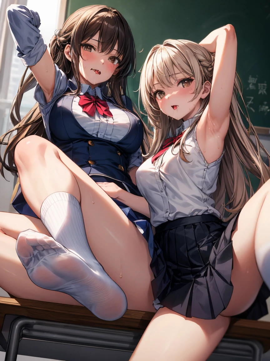 ((masterpiece)), ((highest quality)), (Super detailed), ((very detailed)), 4k, (8K), highest quality, (beautiful), Super precise illustration, realistic,girl、girlが2人、girlが2人, an extremely cute and beautiful young girl,The skirt is too short and the genitals are visible、服を着ていないbig breasts,from below,sheet,spread your legs,Medium straight,brown hair,brown eyes,classroom、white socks、Please point your feet towards the photographer..、The soles of the feet are stuffy、put your hands behind your head、I can see the side、sweaty、armpitが蒸れています、Turn away from the photographer、日本人middle School girlouth open、stick out tongue、saliva、big breasts、Armpit hair has grown、genital congestion、No pantieiddle School girls 、lick each other'armpit