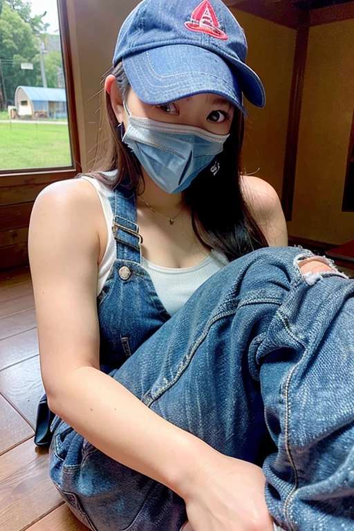 highest quality、超A high resolution、(Photoreal:1.4)、()、(faded gray hair:1)、(Huge胸、Huge 、areol)、(looking at the viewer、close、camp、teepee、denim、baseball cap、mask、bikini)