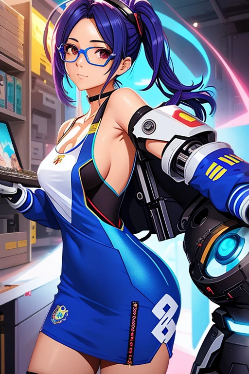 Chica anime con un vestido azul y gafas con un robot al fondo., mei from Supervision, from Supervision, Tracer in a tight dress., portrait of mei from Supervision, sorteos de jazz y ross, Supervision fanart, rossdraws y jazz, Supervision style, Supervision inspired, Supervision, extremely detailed artistic germ, lindosexyrobutts, :: rossdraws