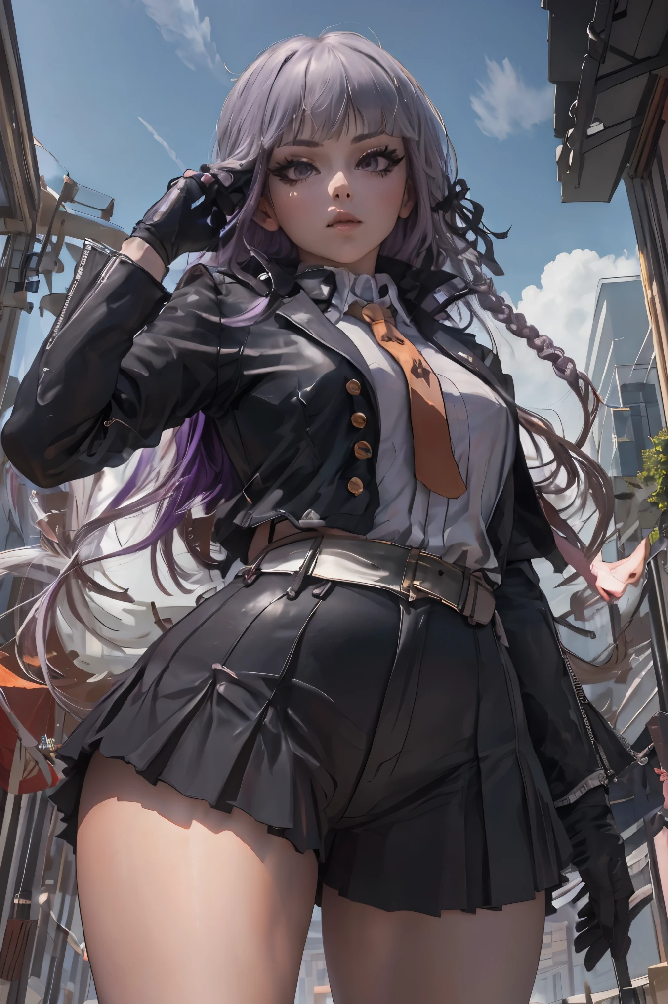 photo realistic, masterpiece, realistic, high contrast, hyper detailed, best quality, ultra high res, photo realistic, high resolution, detailed, raw photo, kirigiri kyoko, Long hair, Purple hair, Side braid, Blunt bangs, Hair Ribbon, a black ribbon, High collar, Brown tie, black motorcycle jacket, Long sleeves, Black Gloves, Black mini skirt, Pleated skirt, Black long boots, Full Shot, Danganronpa \(Series\), Street, Full Shot, Looking at Viewer, White shirt, woman, (((from below))), busy city, foreshortening, (seductive pose), looking at viewer, mad, (eye contact), japanese girl,