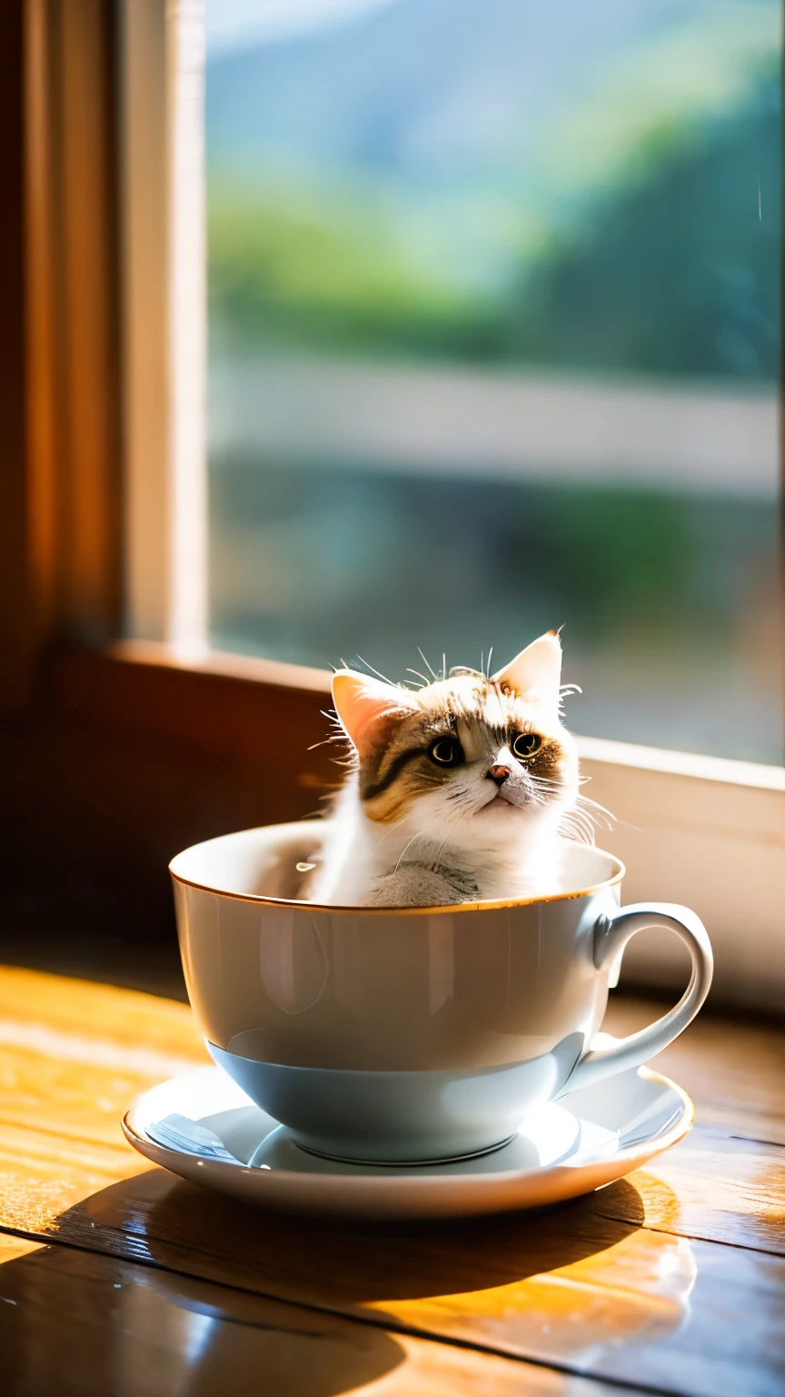 Cat, (Himalayas), (small)))), in a tea cup, face, front legs come out, 8K, professional photos, delicate, clear, on the table, inside the house, sunlight, Light leakage, masterpiece, ((cute))), stylish tea cup, (reality), stuffed toy, round pupil