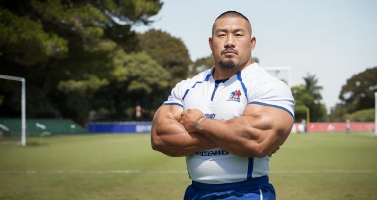 (rugby uniform:1.4), (at rugby ground:1.4), 40's, Japanese man, Chinese man, Korean man, Taiwanese man, manly face, fat face, (round face:1.4), (monolid eyes:1.2), (buzz cut:1.6), very large and strong body, bulky body, beefy muscles, (bulging muscles:1.4), (very large pectoral muscles:1.4), (muscular arms:1.4), muscular abs, muscular legs, muscular back, brightens oily skin, master piece, (realistic:1.4), panorama, distant view