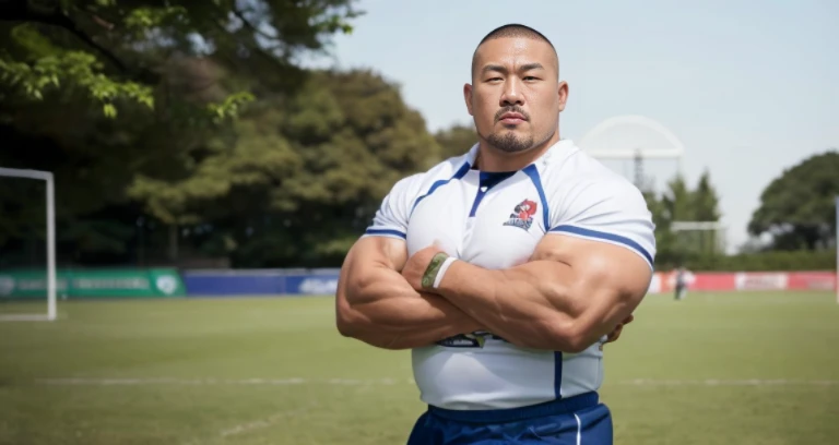 (rugby uniform:1.4), (at rugby ground:1.4), 40's, Japanese man, Chinese man, Korean man, Taiwanese man, manly face, fat face, (round face:1.4), (monolid eyes:1.2), (buzz cut:1.6), very large and strong body, bulky body, beefy muscles, (bulging muscles:1.4), (very large pectoral muscles:1.4), (muscular arms:1.4), muscular abs, muscular legs, muscular back, brightens oily skin, master piece, (realistic:1.4), panorama, distant view
