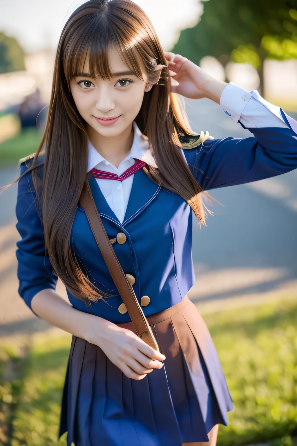 masterpiece, highest quality, Photoreal, Super detailed, finely, High resolution, 8k wallpaper, Professional, Advanced level of detail, ((1 female university student:1.2)), Slender Japan woman,, detailed clavicle, Medium chest、perfect face, (positive:1.2)、medium long hair, chestnut hair、(blue uniform:1.5)、(mini skirt:1.2)、cute face、(look straight ahead:1.5)、(brown skin:1.5)、full body shot