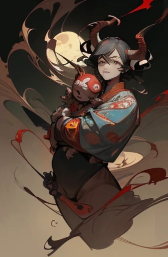 ((There is a picture of a red devil with long horns., moon bull samurai, asura in chinese mythology, jc leyendecker and Sachin Teng, They are, Sachin Teng, They are horns, Stulf, inspired by Shunkōsai Hokushū, minotaur, Works inspired by Toshusai Sharaku)), scribble, nightmare, doll-like face, cartoon style, rough sketch, , (masterpiece), (High resolution), (super delicate), (clear), Comic book style illustrations,(Horror elements), Japanese painting illustration, full body,(snap shot),crazy illustration, antique, dark atmosphere, flat illustration, creepy appearance, Characteristic hairstyle, creative accessories, Unique atmosphere