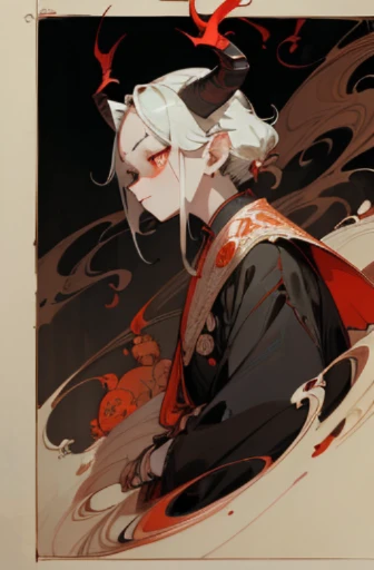 ((There is a picture of a red devil with long horns., moon bull samurai, asura in chinese mythology, jc leyendecker and Sachin Teng, They are, Sachin Teng, They are horns, Stulf, inspired by Shunkōsai Hokushū, minotaur, Works inspired by Toshusai Sharaku)), scribble, nightmare, doll-like face, cartoon style, rough sketch, , (masterpiece), (High resolution), (super delicate), (clear), Comic book style illustrations,(Horror elements), Japanese painting illustration, full body,(snap shot),crazy illustration, antique, dark atmosphere, flat illustration, creepy appearance, Characteristic hairstyle, creative accessories, Unique atmosphere
