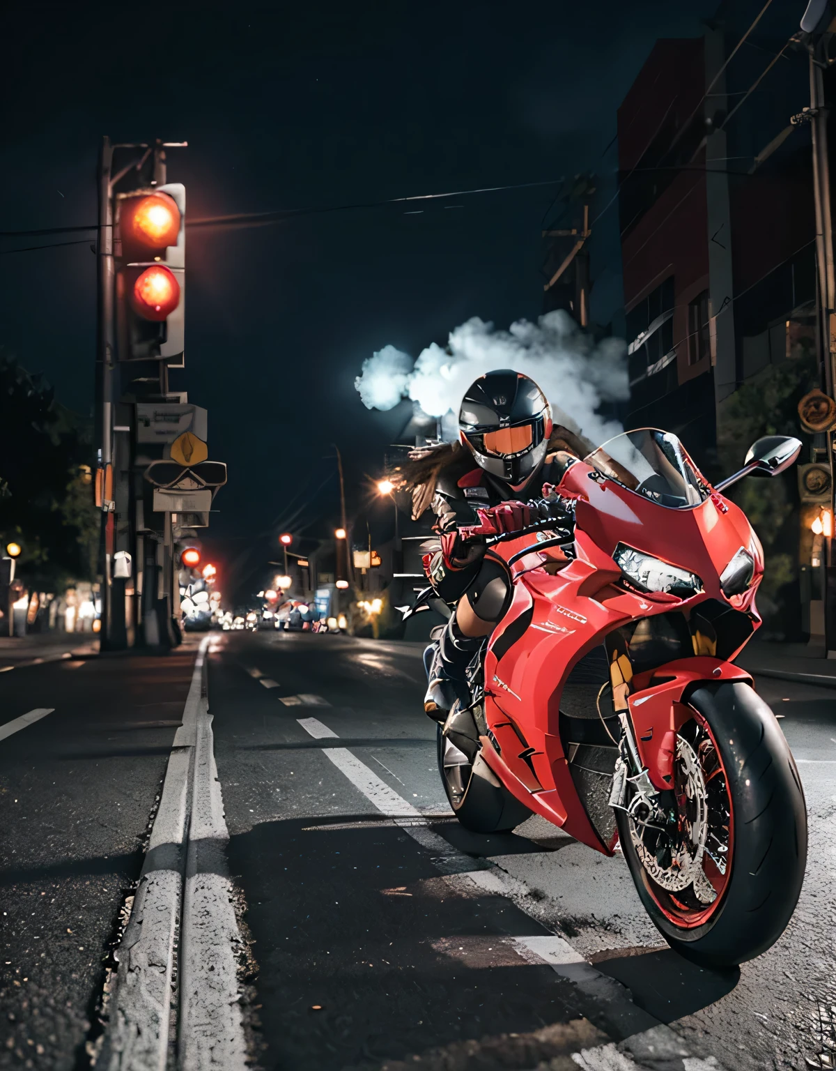 hight resolution、high-level image quality、in 8K、Real live-action、Raw photography、top-quality、masterpiece、masutepiece、(Soft Saturation:1)、(depth of fields:1.2)、(Ray traching:1.2)、headlight、Blue glow、Shot diagonally from above、Sense of speed、((during night)), city night scene、The background is a beautiful neon cyberpunk Tokyo、city night scene、Neon light、blue light from headlights、Dynamic Poses、Dynamic camera angles、heavy wind、Big red motorcycle speeding through the city at night、((Run leaving a trail of light:1.2))、Young woman in red dress sitting on a big red motorcycle, Beautiful face、Beautiful face、(Red dress:1.2)、(Red short skirt:1.3)、white knee highs、(Red boots:1.2、Draw the toes:1.2)、perfect hand、perfect foot、perfect ankles、Perfect toes、Perfect toes、Perfect Heel:1.3、((Grasp the controller with both hands:1.2))、Slouched、put one'Upper body, Lower body:1.2、Sitting on the Ducati Panigale V4,Riding the Ducati Panigale V4, Sci-fi style bikes, Sci-fi style bikes, Ducati Panigale V4 Motorcycle Rider, How to ride the Ducati Panigale V4, (Draw left and right rearview mirrors:1.3)、(headlights shine blue:1.2)、picture of a female biker, motorbike,Motorcycle displacement: Ducati Panigale V4 Detailotion-blur、(white smoke from tires:1.1)、