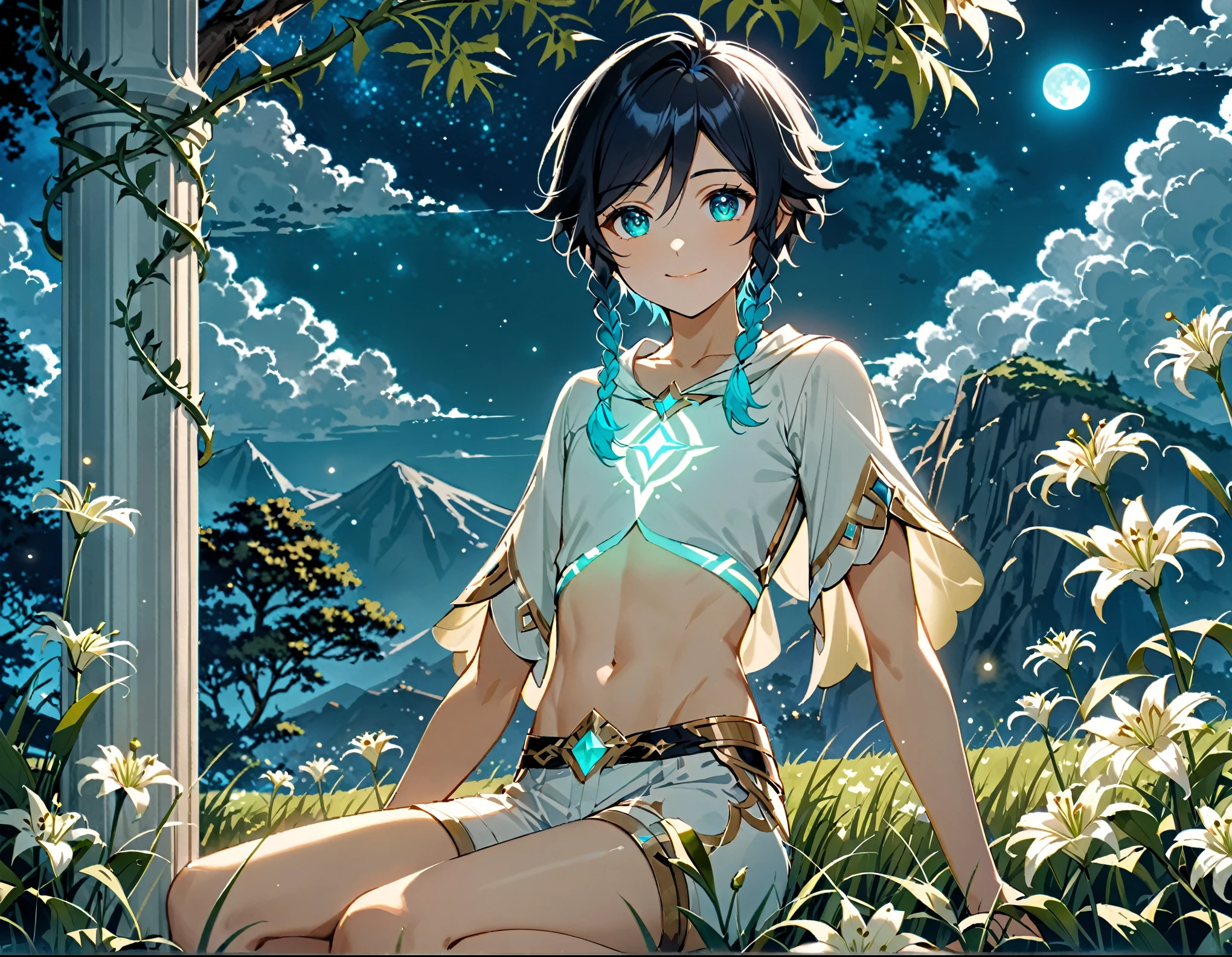 anime, (masterpiece), best quality, expressive eyes, perfect face, artist style dsmile, genshin impact, archonventi, black hair, flat chest, 1boy, ethereal, elegant, blue green eyes, glowing blue dandelions, grass, clouds, night sky, scenery, mountains in background, large tree, vines, small smile, scene, heavenly, greek, braids, exposed stomach, soft, white short shorts, white pillars, serene, divine, lips closed, calm, soft focus, boy, angelic, gentle, white lilies, moonlight, moonbeam, night, full body