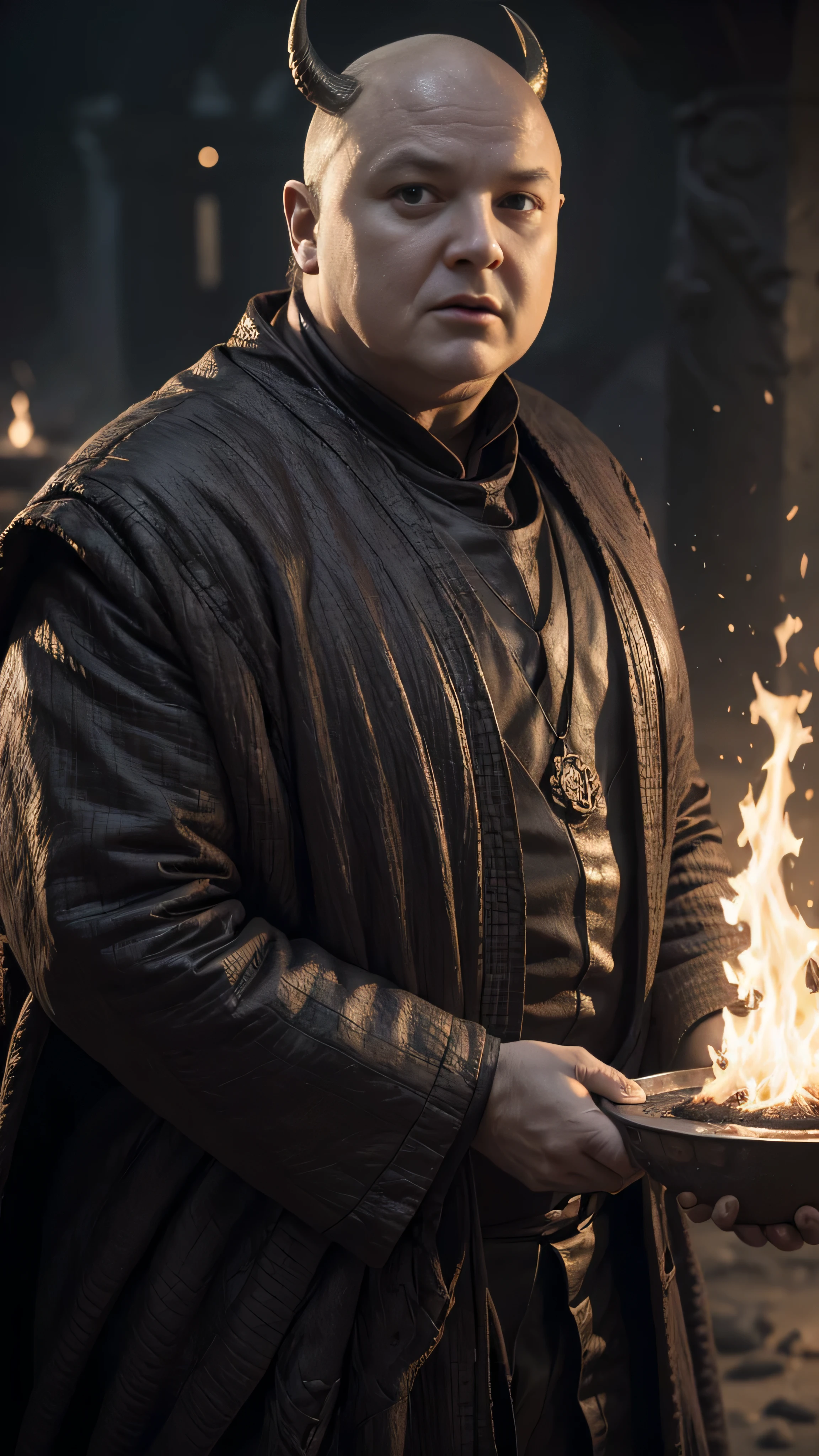 postapocalypse, Lord Varys_l0r4va as a Devil, (horns), (red face), (red skin), (hell), lava, magma, 1man, solo, (full body view), beautiful detailed glow, detailed, cinematic light, intricate detail, realistic, highres, detailed facial features, high detail, sharp focus, smooth, aesthetic, extremely detailed, stamp, octane render