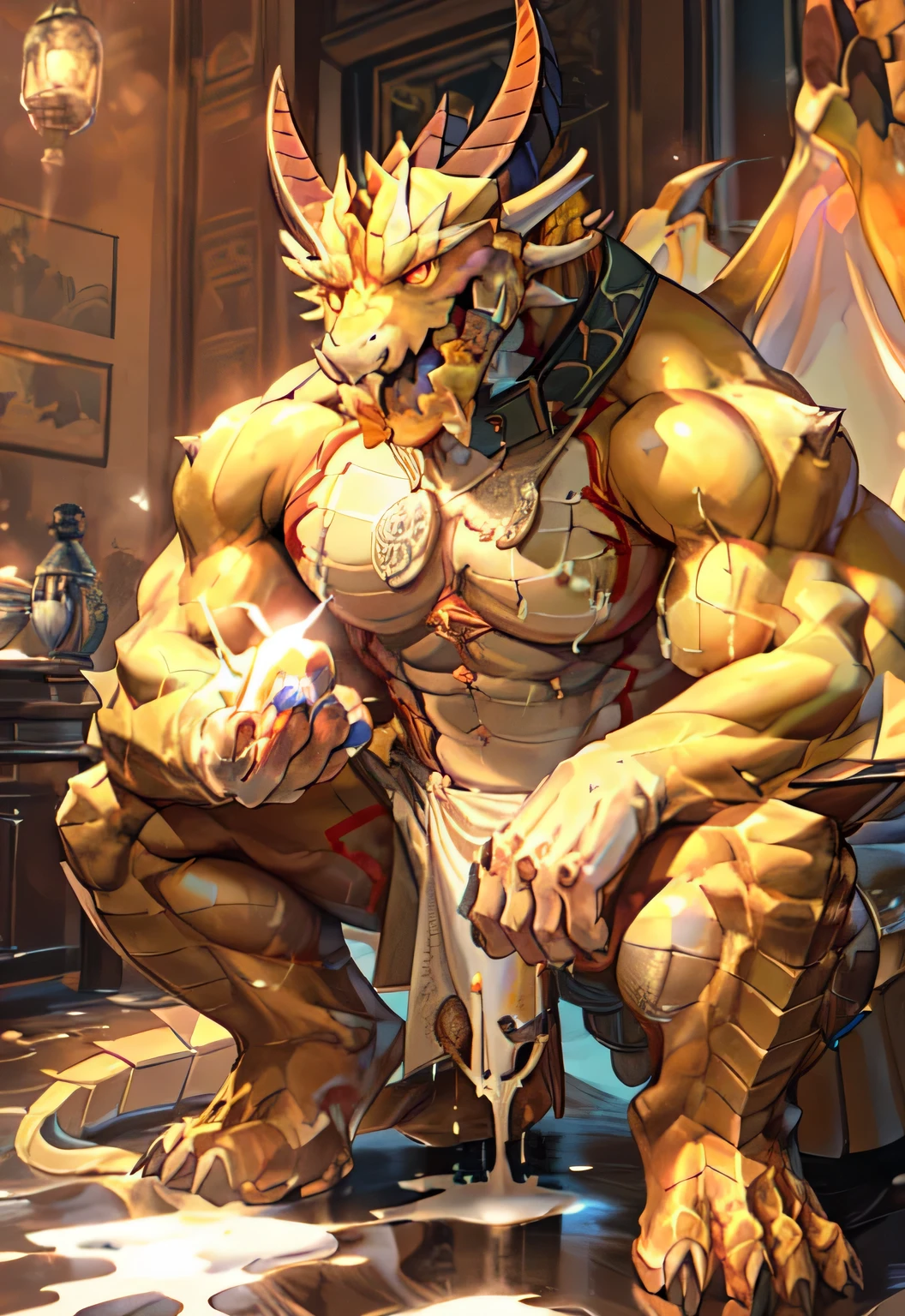alone, (muscular), (Male human dragon):1.3, Bright scales, (Kamimei):1.3, (Common:1.4) (prayer):1.23, (,Wearing a short white loincloth), exquisite eyes, lizard tail,A pair of dragon horns, A pair of dragon wings, (exquisite eyes,stripe,sharp claws,Cute animal paw,Sticking out tongue,careless person,Liquid spilled all over body,Air leakage in lower body,Fluid leaking from the lower body,Milk spilled all over the floor,glowing eyes):1.1, (in the room:1.35), In the bedroom,Squatting on the bed,dim,be licked,enjoy,obsessed, Face turned red,collar,Submit to,caress,drunk,Smile,enjoy,looking at camera,Submit to,having fun,Detailed background,realistically,realistic hand,8k high dynamic range,(shadow,wide dynamic range,high dynamic range,emphasize:1.2)