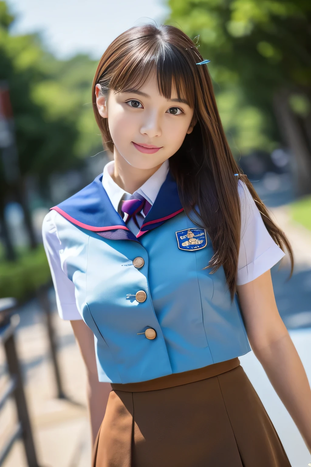 masterpiece, highest quality, Photoreal, Super detailed, finely, High resolution, 8k wallpaper, Professional, Advanced level of detail, ((1 female university student:1.2)), Slender Japan woman,, detailed clavicle, Medium chest、perfect face, (positive:1.2)、medium long hair, chestnut hair、(blue uniform:1.5)、(mini skirt:1.2)、cute face、(look straight ahead:1.5)、(brown skin:1.5)、full body shot