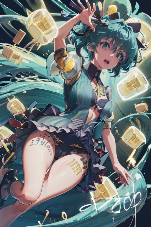 (Seios grandes Hatsune Miku，electronic singer，cabelo verde，Ombros nus，uma saia preta，mangas pretas，(Blusa de cor branca)，Roupas brancas，8k，A high resolution，olhos verdes，fundo do concerto，No local do concerto，em concerto，Only beautiful thighs are exposed，the clothes are white，appear on the arm appear un 01，The number is 01，fundo brilhantes ，Leaves&#39;, cabelo de alta qualidade 8k ，The eyes of the anime heroine，Olhos de detalhes ultraelevados，olhos de alta qualidade , Olhos de alto detalhe , in bra full body standing looking at public spectator. 