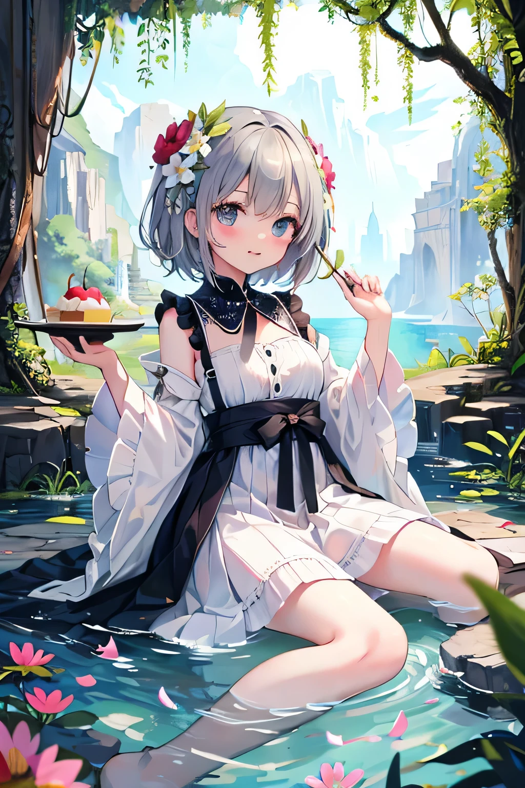 ((highest quality)), ((masterpiece)), (be familiar with), Ancient Civilization、underground lake、flower