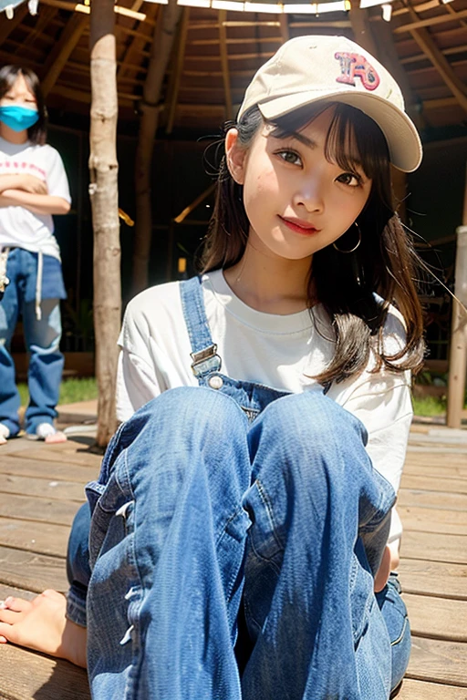 highest quality、超A high resolution、(Photoreal:1.4)、(three girls、)、(faded gray hair:1)、(Huge胸、Huge 、areol)、(looking at the viewer、close、camp、teepee、denim、baseball cap、mask)