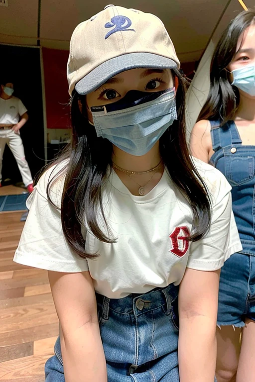 highest quality、超A high resolution、(Photoreal:1.4)、(three girls、12 years old)、(faded gray hair:1)、(Huge胸、Huge 、areol)、(looking at the viewer、close、camp、teepee、denim、baseball cap、mask)