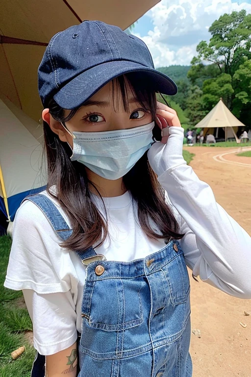 highest quality、超A high resolution、(Photoreal:1.4)、(three girls、12 years old)、(faded gray hair:1)、(Huge胸、Huge 、areol)、(looking at the viewer、close、camp、teepee、denim、baseball cap、mask)