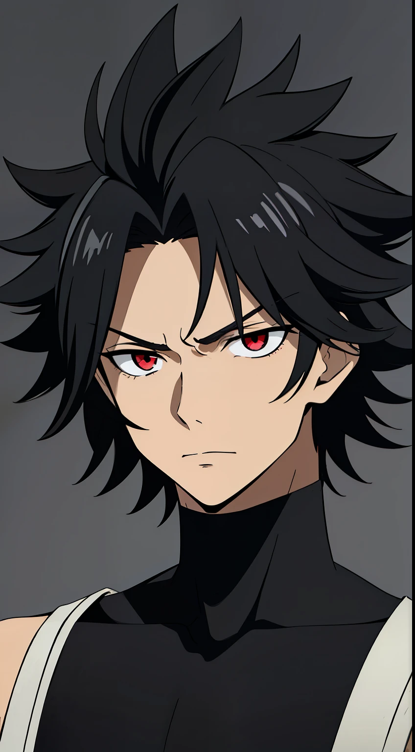 (high-quality, breathtaking),(expressive eyes, perfect face) 1boy, male, solo, age 18, teenager age, masculine face, black color hair, red eye color, spiky fluffy hair, short hair length, messy loose hair, Hypnos inspired, narrow eyes, Symmetrical Eyes, portrait, serious expression, grey background
