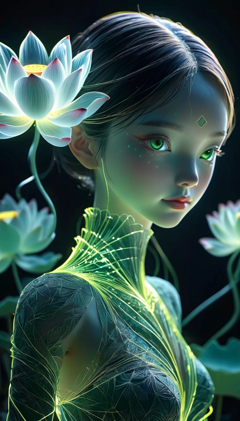 High resolution, super detailed, (1 girl:1.3),(lotus),Dynamic light waveBREAKsunlight, reverberation, Experimental photography, Surreal contrasts, Eye-catching visuals, Artistic abstraction,
Break the art of cutting, layered silhouette, complex patterns, exquisite craftsmanship, shadow play, Depth and size, creative expression,
break art, Frozen sculpture, translucent形式, short-lived beauty, Crystal structure, exquisite craftsmanship, touching,
break green eye,body glow,glowing line,fluorescence,Luminous example,Tracking example,flash,萤light particles,backlight,translucent,light particles