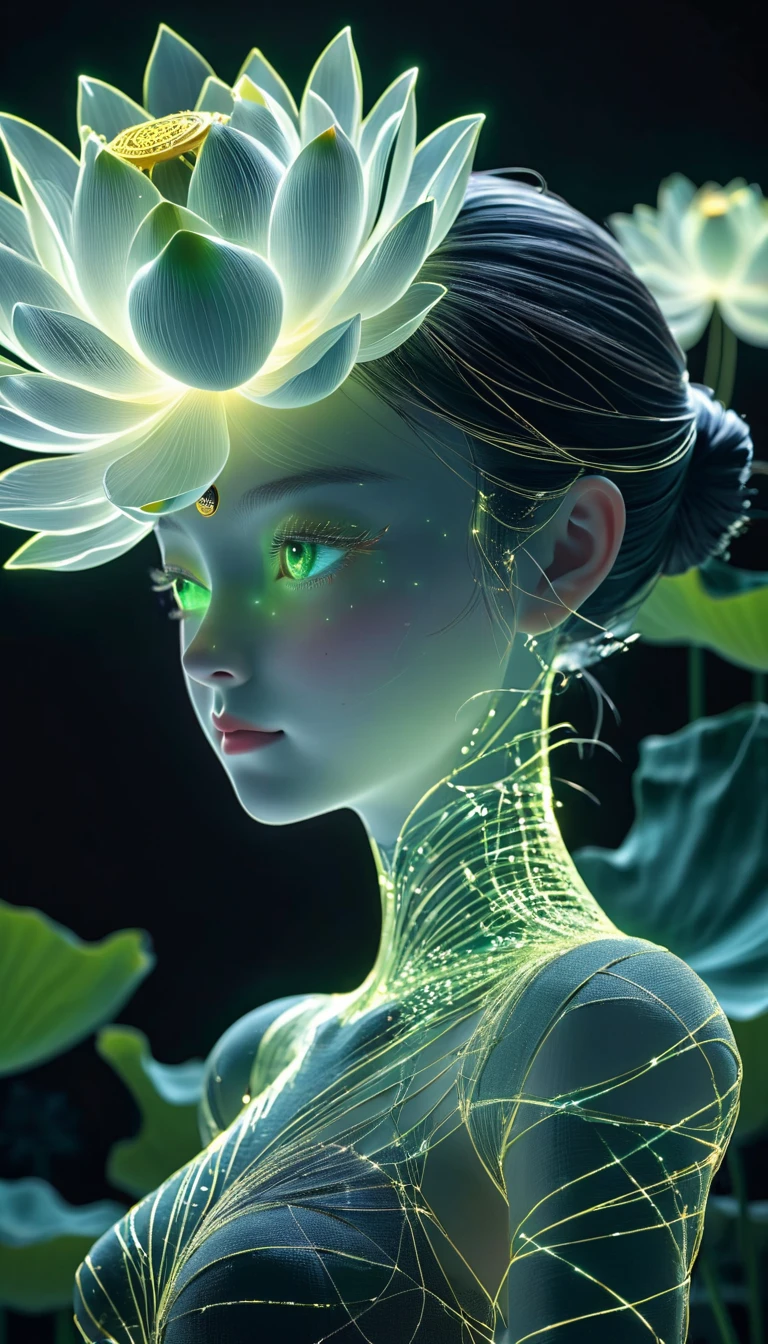 High resolution, super detailed, (1 girl:1.3),(lotus),Dynamic light waveBREAKsunlight, reverberation, Experimental photography, Surreal contrasts, Eye-catching visuals, Artistic abstraction,
Break the art of cutting, layered silhouette, complex patterns, exquisite craftsmanship, shadow play, Depth and size, creative expression,
break art, Frozen sculpture, translucent形式, short-lived beauty, Crystal structure, exquisite craftsmanship, touching,
break green eye,body glow,glowing line,fluorescence,Luminous example,Tracking example,flash,萤light particles,backlight,translucent,light particles